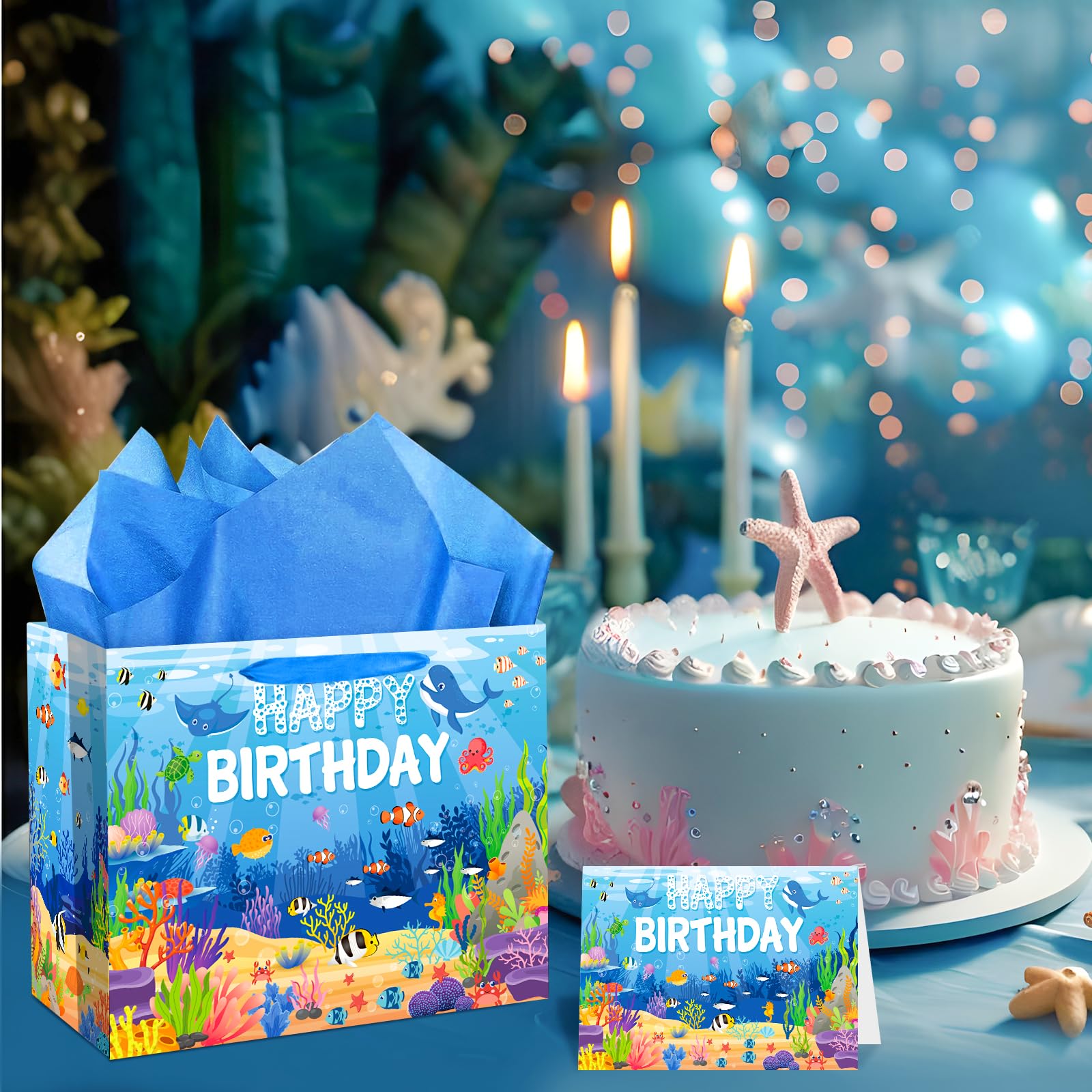 Sea Animals Party Supplies Ocean Animals Birthday Gift Bag with Tissue Papers Card Blue Under the Sea Birthday Wrapping Paper Bag for Underwater Pool Beach Birthday Baby Shower Party Decorations