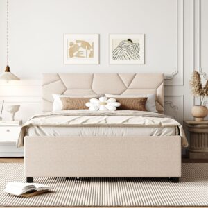 Favfurish Full Upholstered Platform Bed with Brick Pattern Headboard, with Twin Size Trundle,for Bedroom,Living, Guest Room,Apartment, Linen Fabric,Beige