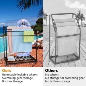 IDEALHOUSE Pool Towel Rack Outdoor with Wheels,PVC Trapedozal Outdoor Towel Rack for Pool,5 Bar Curved Towel Rack - Free Standing Poolside Storage Organizer,Towel Stand for Beach,Pool,Indoor,Black