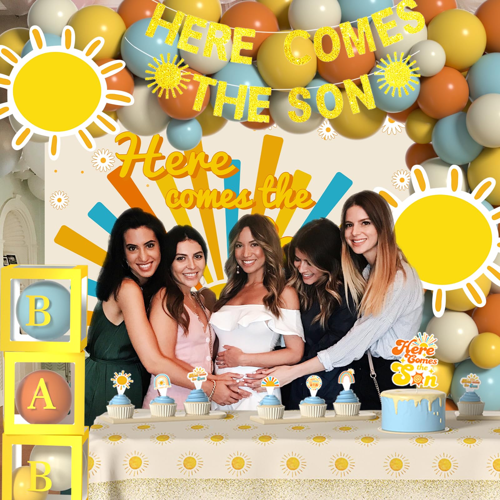 Here Comes the Son Baby Shower Decorations for Boy 1st Birthday Party Supplies Boho Retro Sunshine Balloon Garland Arch Kit Party Table Decor Photograph Backdrop Glitter Banner Cupcake Toppers