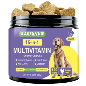 15 in 1 dog multivitamin supplement - dog vitamins for immune system, digestion, hip & joint, skin & coat - multivitamin chews for dog with glucosamine & chondroitin - chicken flavor, 120 chews