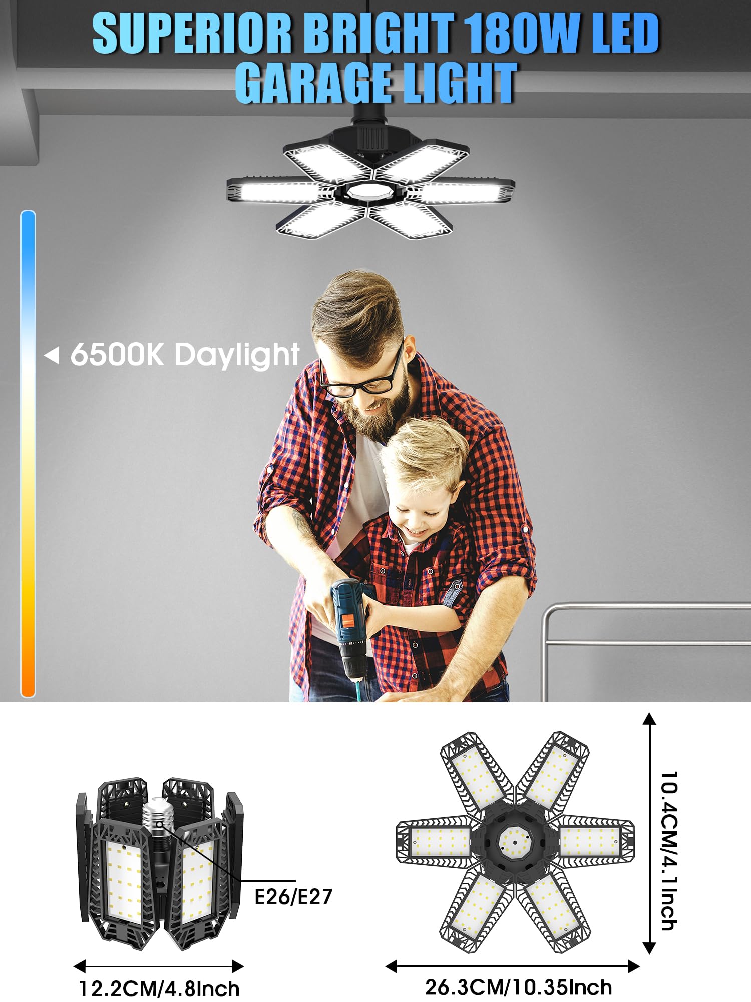 LED Garage Lights 1 Pack - 180W 18000LM Garage Lights Ceiling Led with 6 Adjustable Panels, 6500K Daylight Deformable Garage Lighting Bulb Fit E26/E27, LED Light for Garage Shop Barn Basement