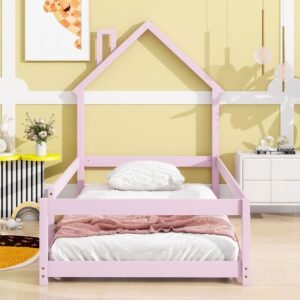 luxo abode twin size montessori floor bed with guardrails fences, pine wood bed frame w/chimney house-shaped headboard, easy assembly, for toddlers, children's room, playroom, pink