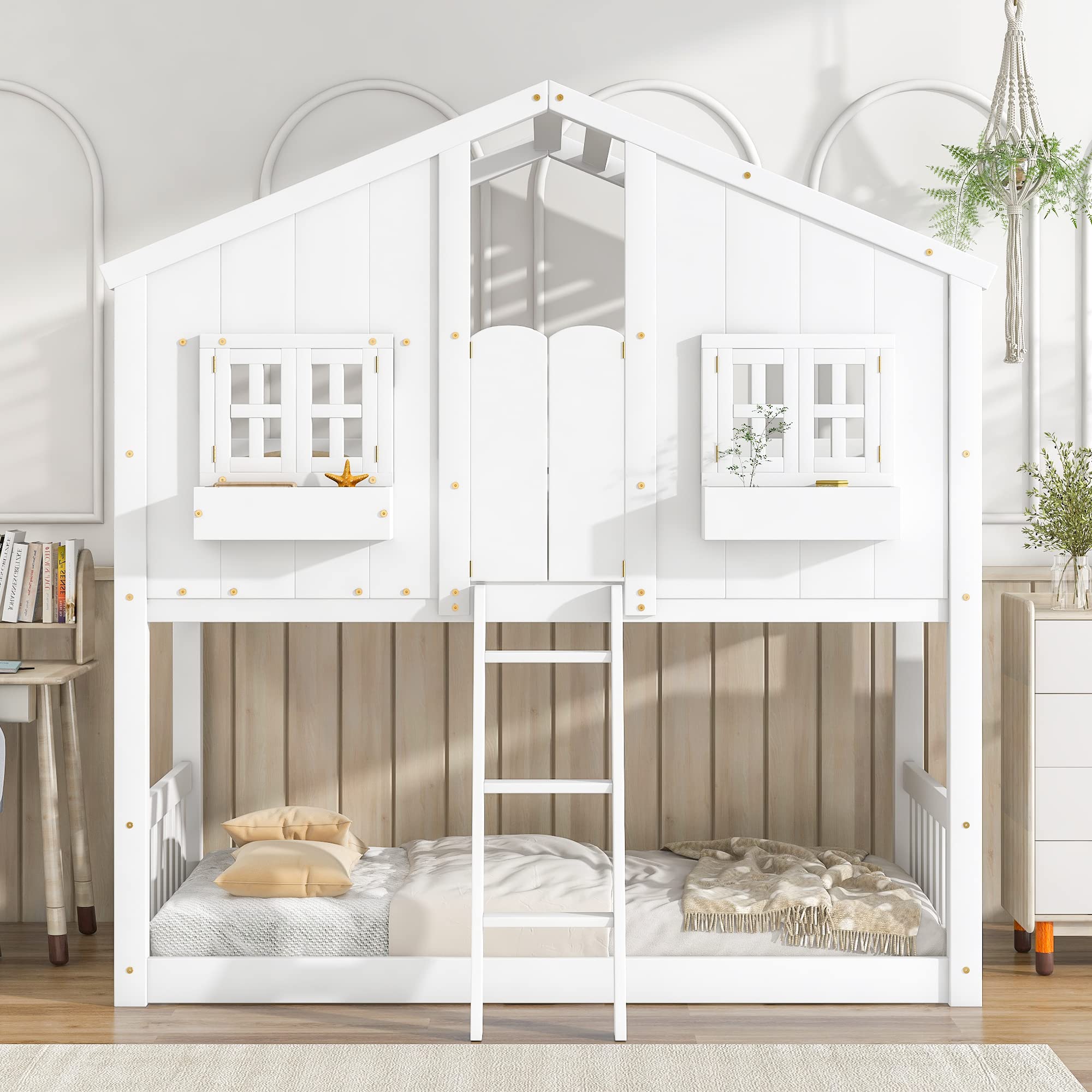 Luxo Abode Twin Over Twin Size House Bunk Bed with Roof, Window & Window Box, Pine Wood Bed w/Door, Safety Guardrails and Ladder, Easy Assembly, for Toddlers, Children's Room, Playroom, White