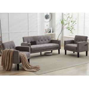 TYBOATLE Sofa Couch, Living Room Furniture Sectional Sofa Sets 3 Pcs, Tufted Mid-Century Loveseat w/USB, Cupholders & Comfy Single Sofa for Small Space, Apartment, Office (Light Grey)