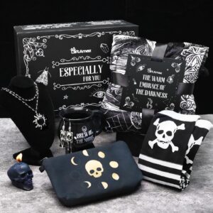 giftamaz gothic gifts for women, goth theme box with gothic coffee mug, goth skull candle, gothic skull earrings, blanket and more, christmas party basket gothic gifts for teens girls friend