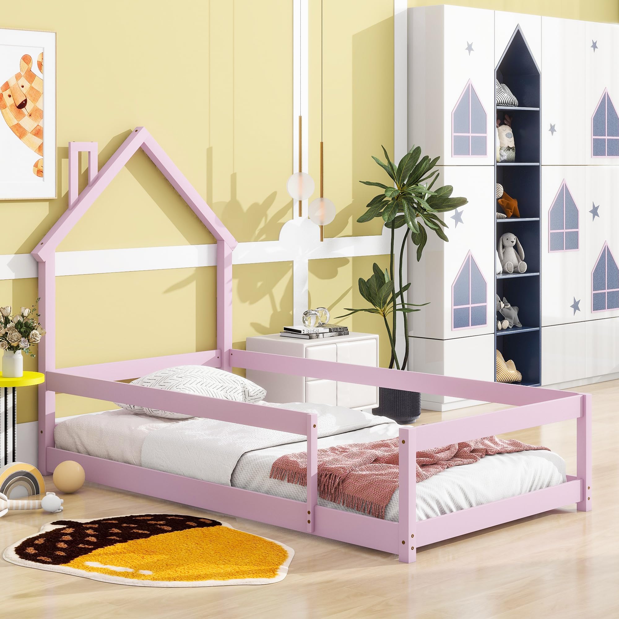 Luxo Abode Twin Size Montessori Floor Bed with Guardrails Fences, Pine Wood Bed Frame w/Chimney House-Shaped Headboard, Easy Assembly, for Toddlers, Children's Room, Playroom, Pink