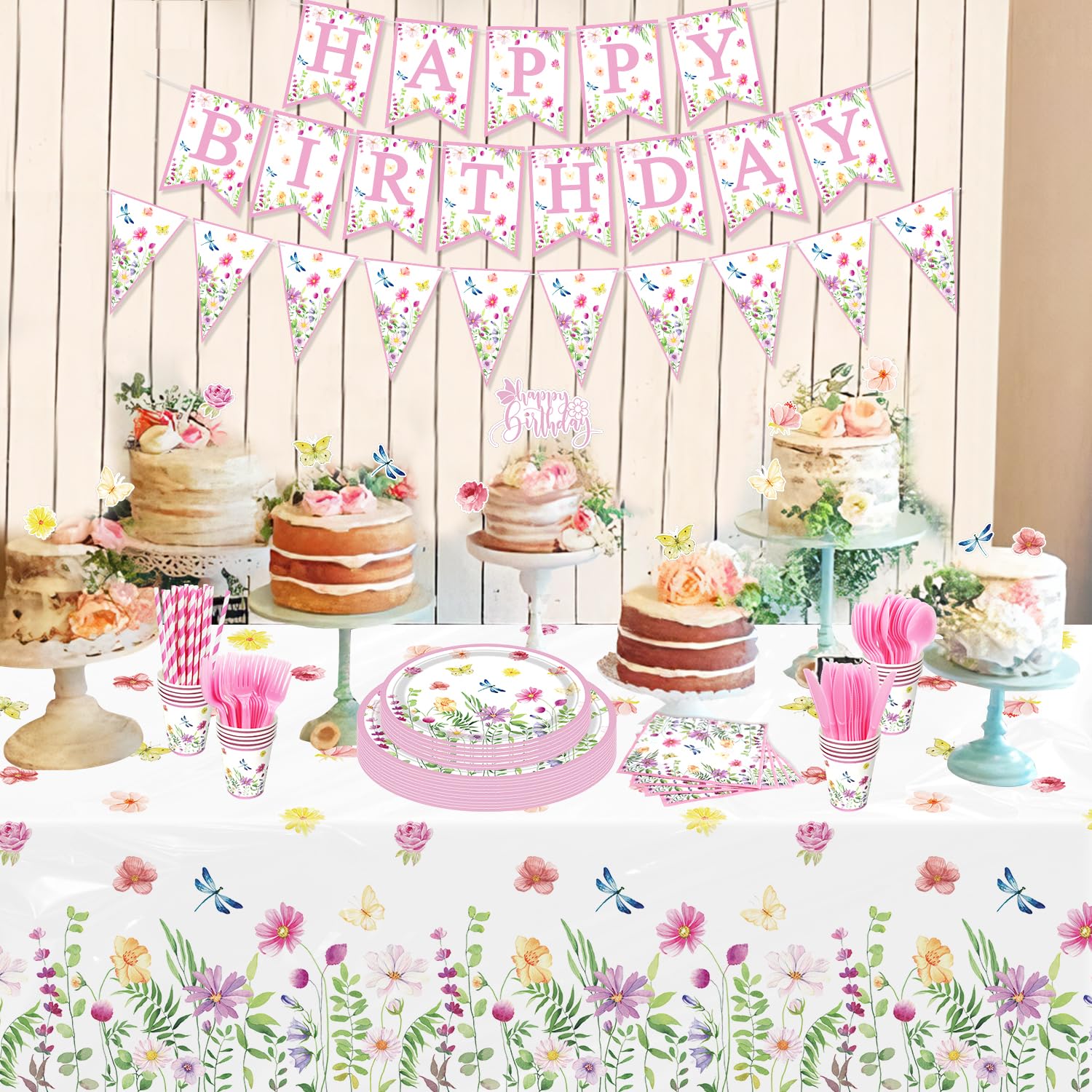 225 Pack Spring Wildflower Party Decorations Floral Tableware Plates Balloons Decorations Wildflower Dinnerware Party Favor for Birthday Baby Shower Bridal Shower Garden Tea Party Serves 20