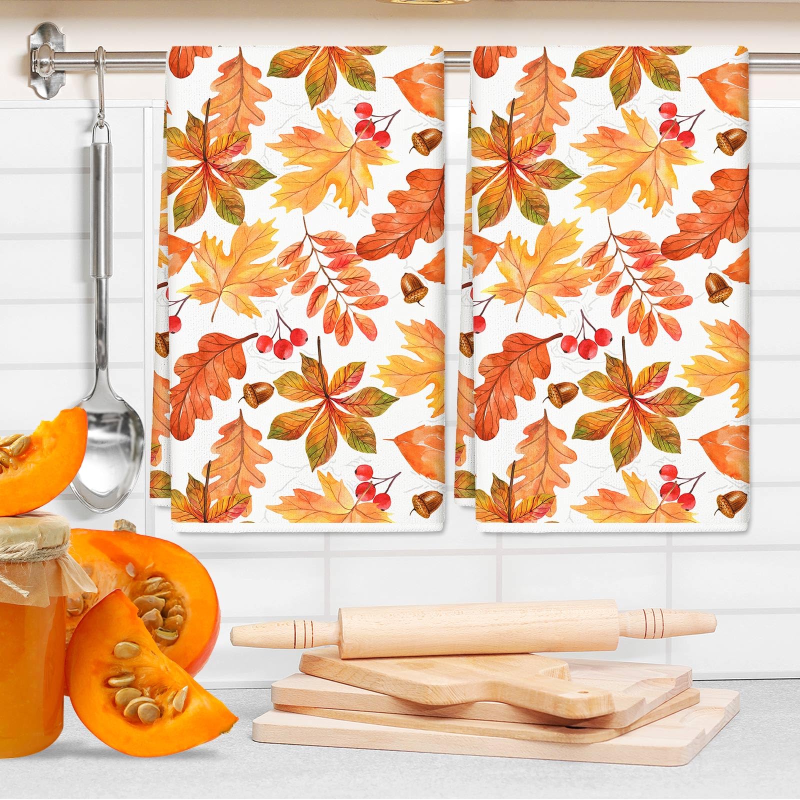 JarThenaAMCS Fall Leaves Kitchen Towels Watercolor Maple Leaves Dish Towels 18 x 28 Inch Autumn Hand Drying Tea Towels for Thanksgiving Cooking Baking Cleaning Wipe, Set of 2