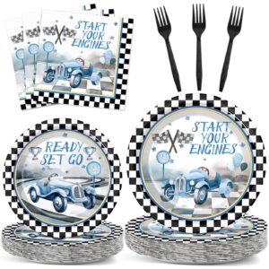 96 pcs race car party supplies watercolor race car fast one theme tableware set racing party decorations for boys birthday party baby shower plates and napkins table party decor serves 24 guests