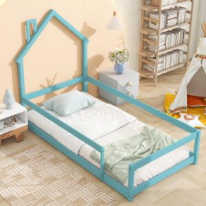 Luxo Abode Twin Size Montessori Floor Bed with Guardrails Fences, Pine Wood Bed Frame w/Chimney House-Shaped Headboard, Easy Assembly, for Toddlers, Children's Room, Playroom, Light Blue