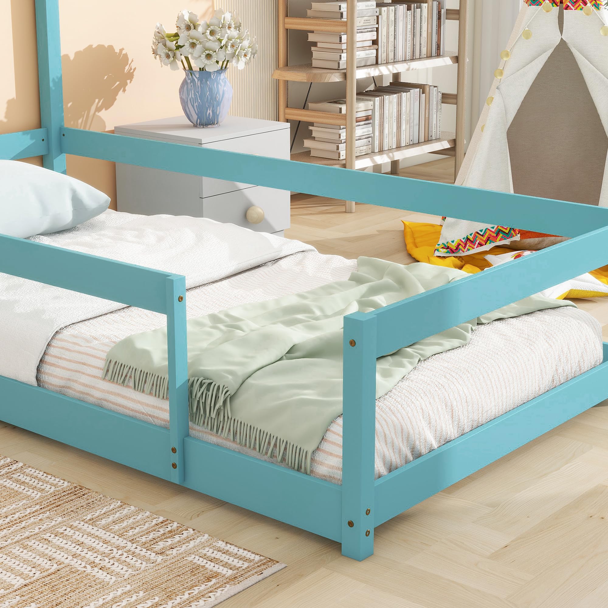 Luxo Abode Twin Size Montessori Floor Bed with Guardrails Fences, Pine Wood Bed Frame w/Chimney House-Shaped Headboard, Easy Assembly, for Toddlers, Children's Room, Playroom, Light Blue