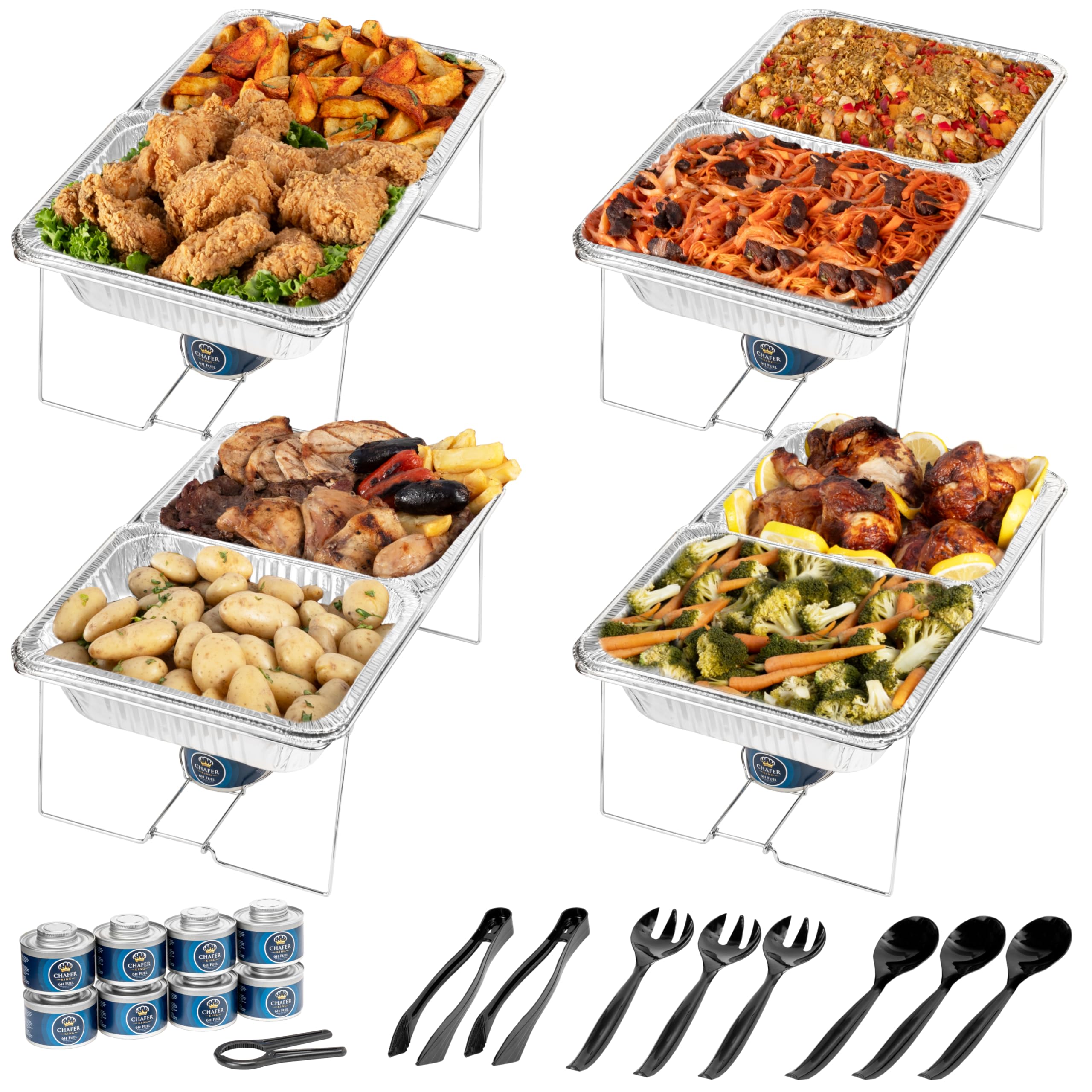 4 Full Size (For Price of 3) Disposable Buffet set with Spoons and Forks, Non-Stick Aluminum, Premium Chafing Dish Set for Events, Parties, Catering