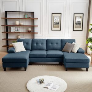 soscana 111" sectional couch for living room, 4 seater u-shaped sofa couches with double chaise polyester fibre, blue