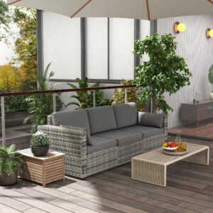 Wicker Patio Couch, PE Rattan 3-Seat Sofa, Outdoor Furniture with Deep Seating, Cushions, Steel Frame, Gray