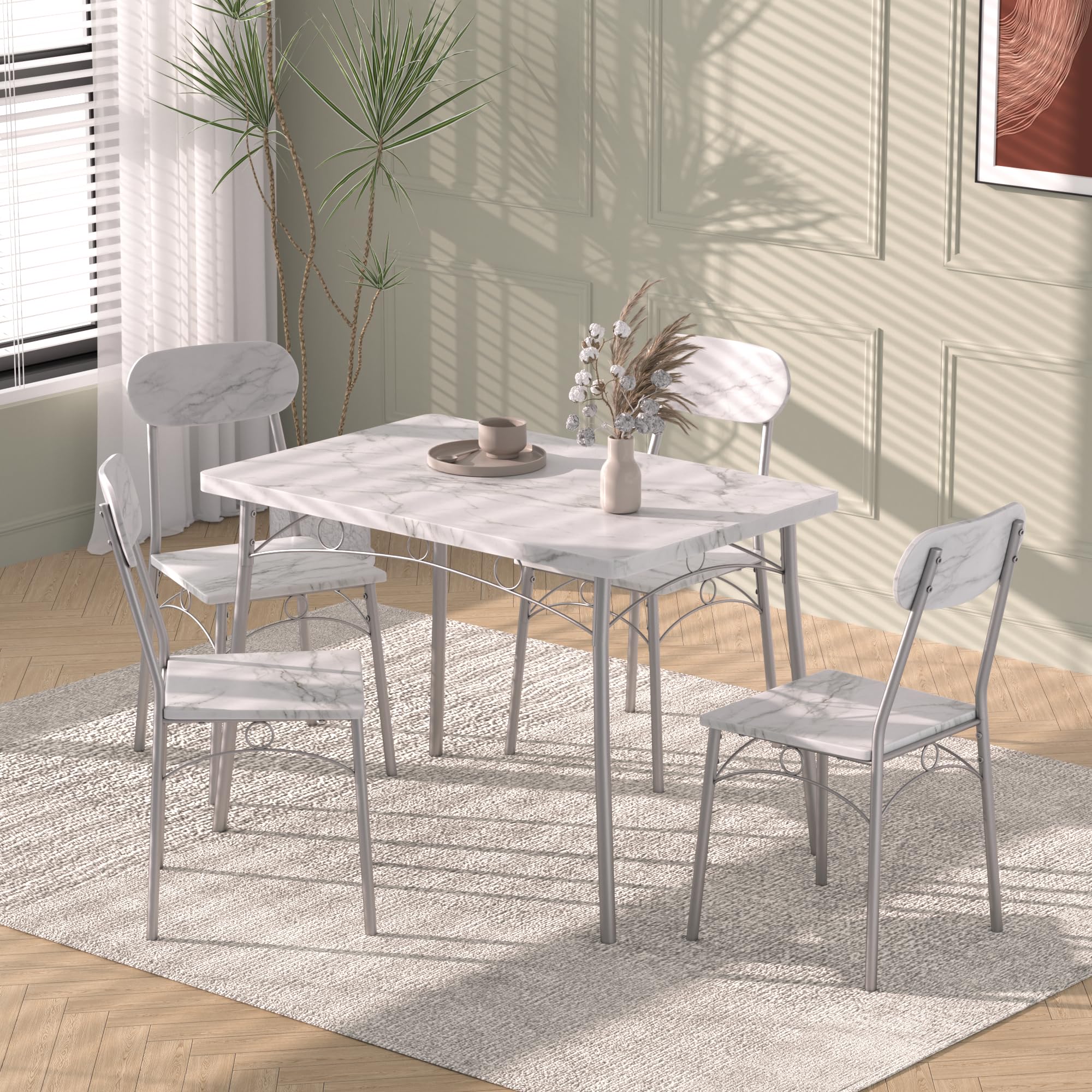 VECELO 5-Piece Dining Room Table Set, Rectangular Dinette with 4 Chairs for Kitchen, Breakfast Nook, Small Space, Marble White