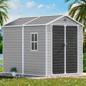 CDCASA 8x6 Feet Resin Storage Shed, Waterproof Outdoor Shed with Floor & Lockable Door & Window & Vents, Plastic Tool Shed for Backyard, Patio, Poolside, Lawn, Dove Grey