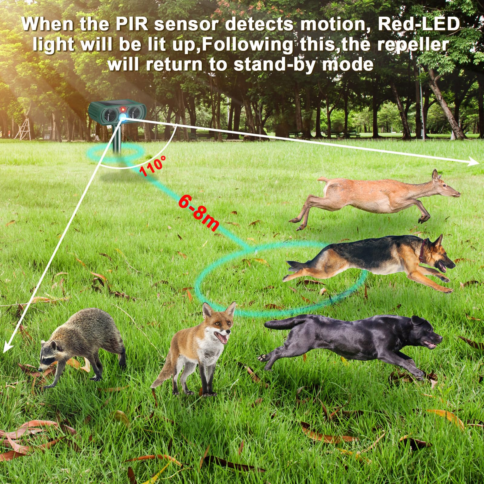 Qualirey 4 Pcs Ultrasonic Animal Repellent Outdoor Solar Powered Pest Repeller Motion Activated Cat Dog Deterrent Waterproof Motion Sensor for Squirrels Raccoon Rabbit Fox, Garden Yard Farm