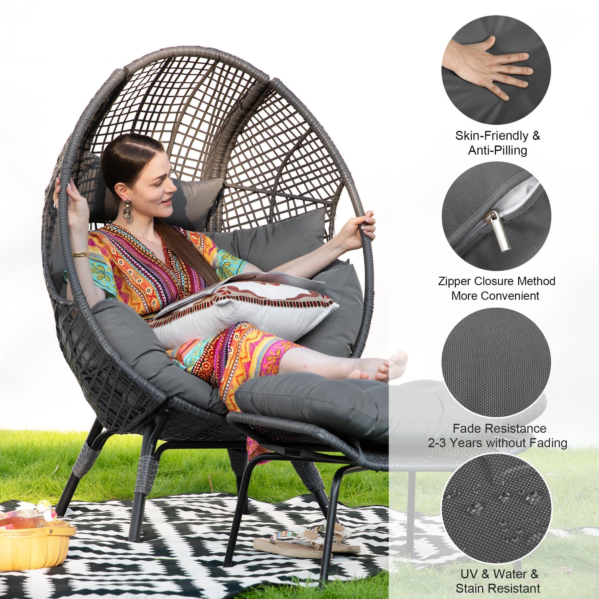 FINCATI Delicated Outdoor Indoor Wicker Egg Chair with Footrest, Oversized 440 lbs Egg Basket Cocoon Chair with Ottoman, PE Rattan Patio Stationary Cushioned Lounge Chair for Balcony Living Room