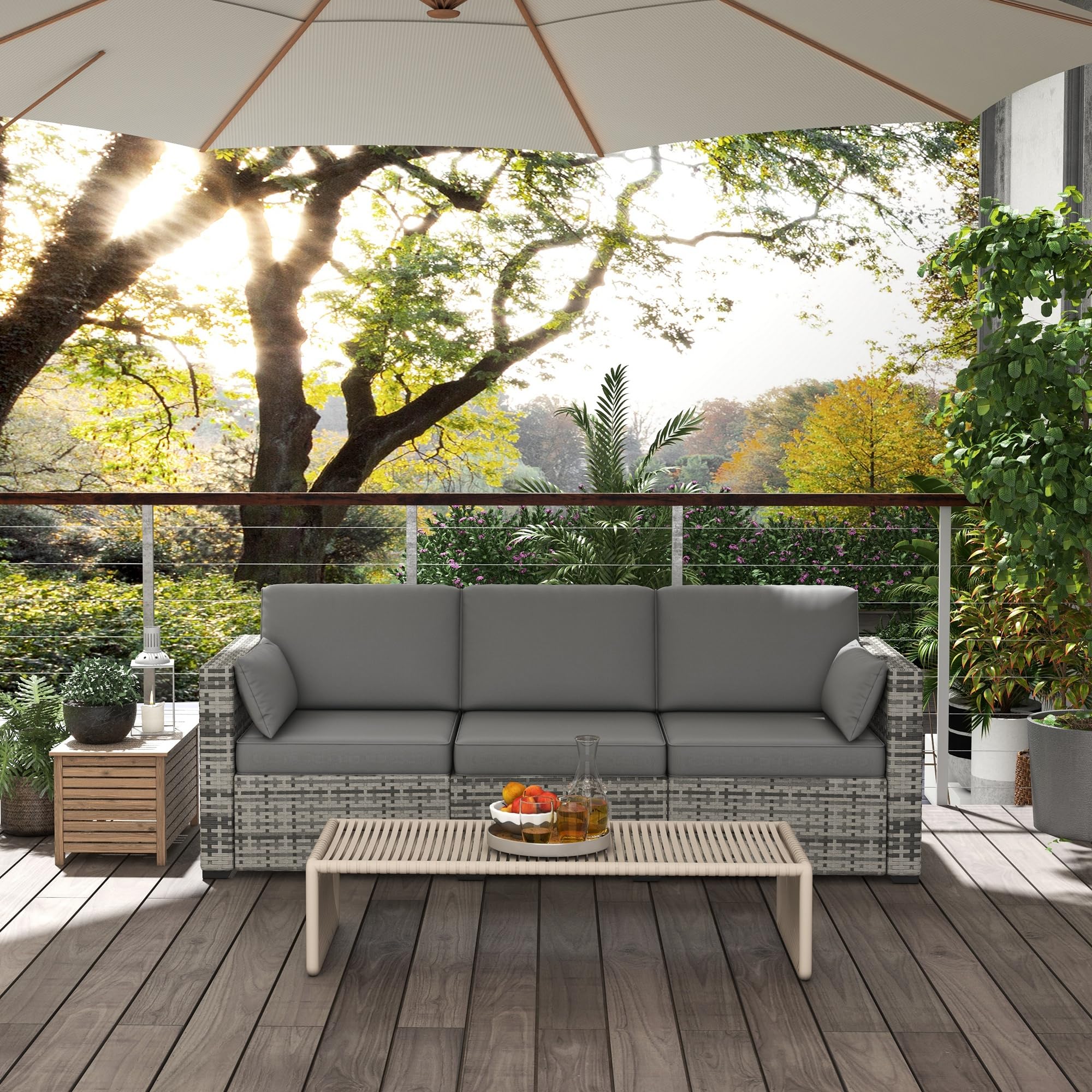 Wicker Patio Couch, PE Rattan 3-Seat Sofa, Outdoor Furniture with Deep Seating, Cushions, Steel Frame, Gray