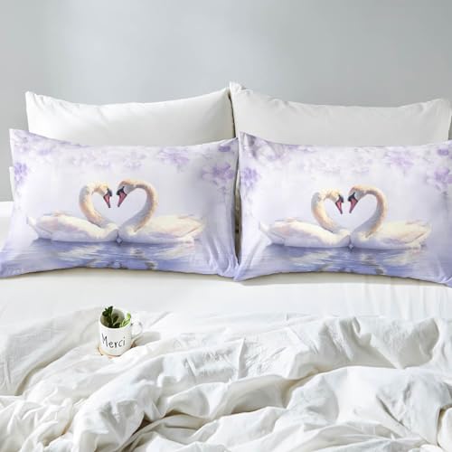 Swan Couple Bedding Set,Valentine's Day Comforter Cover Set for Teens Women Room Decor,Romantic Love Duvet Cover Breathable Purple Flowers Bedspread Cover Full Size