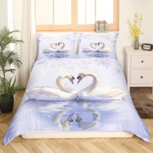 Swan Couple Bedding Set,Valentine's Day Comforter Cover Set for Teens Women Room Decor,Romantic Love Duvet Cover Breathable Purple Flowers Bedspread Cover Full Size