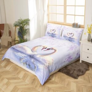 Swan Couple Bedding Set,Valentine's Day Comforter Cover Set for Teens Women Room Decor,Romantic Love Duvet Cover Breathable Purple Flowers Bedspread Cover Full Size