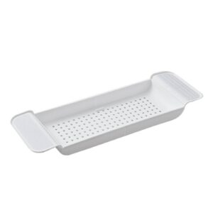 bathtub tray stable placement plastic material draining design bath tub table for bathroom adjustables and expandable, perfect for placing on a bathtub.(white)