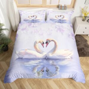 swan couple bedding set,valentine's day comforter cover set for teens women room decor,romantic love duvet cover breathable purple flowers bedspread cover full size