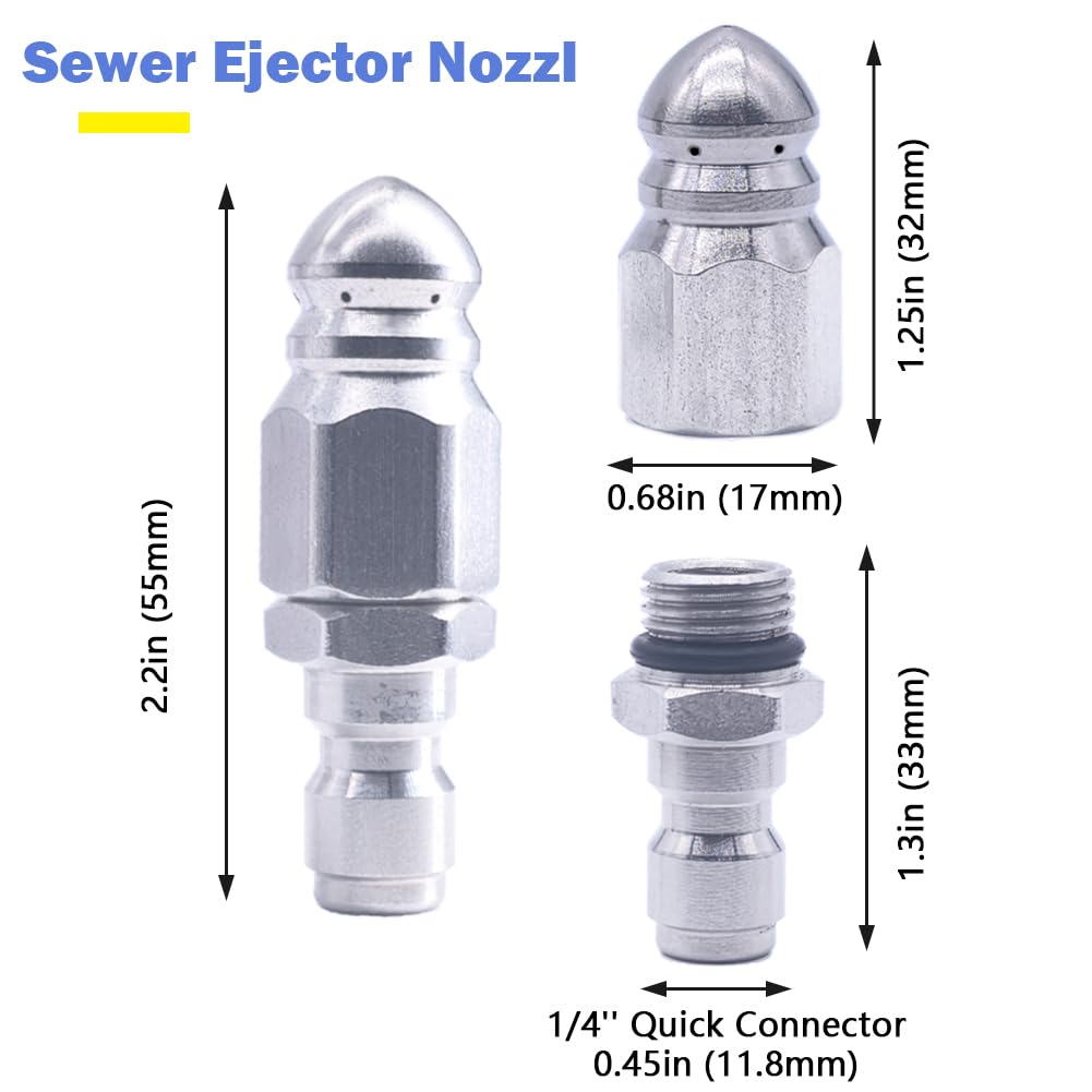 Sewer Jetter Nozzle, High Pressure Drain Jetter Hose Nozzle, With Stainless Steel 1/4'' Quickly Connector, 5000 PSI