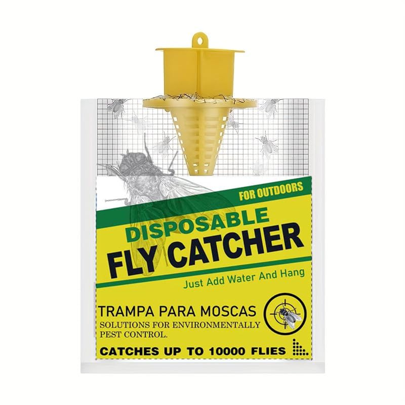 Outdoor Fly Traps (8 Pack) with Adjustable Hanging Chain (4 Pack), Disposable Hanging Fly Traps with Natural Pre-Baited Bags | Effective Fly Killer for Backyard, Patio, Park or Farm