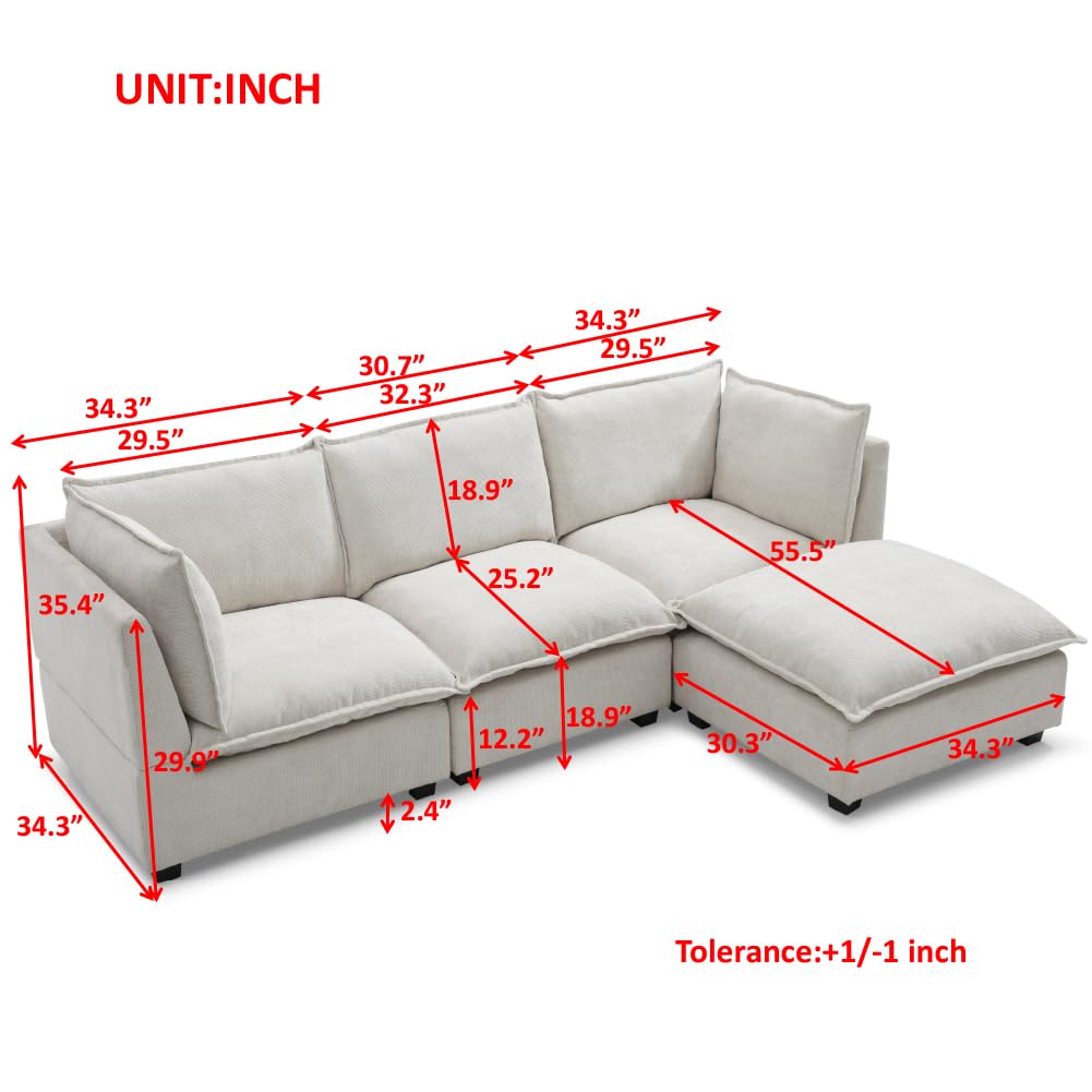 JURMALYN 99.3" Modern Sectional Sofa Couch for Living Room L-Shape Sofa 3 Seater Cloud Couch with Ottoman,Comfy Feather Sofa with 2 Pillows Fabric Couch Set for Apartment Office Beige