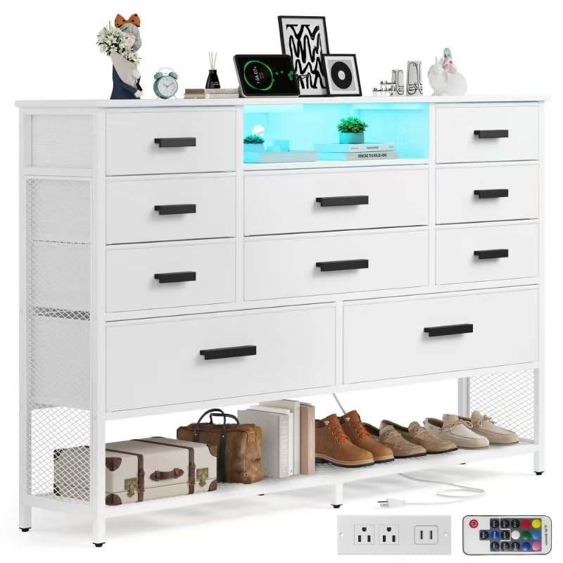 Harpaq White Dresser for Bedroom with 10 Drawers, Dresser with Charging Station, TV Stand Dresser with LED Light for 55" TV, Fabric Drawer Dresser with PU Finish, Dresser with Shelves for Closet