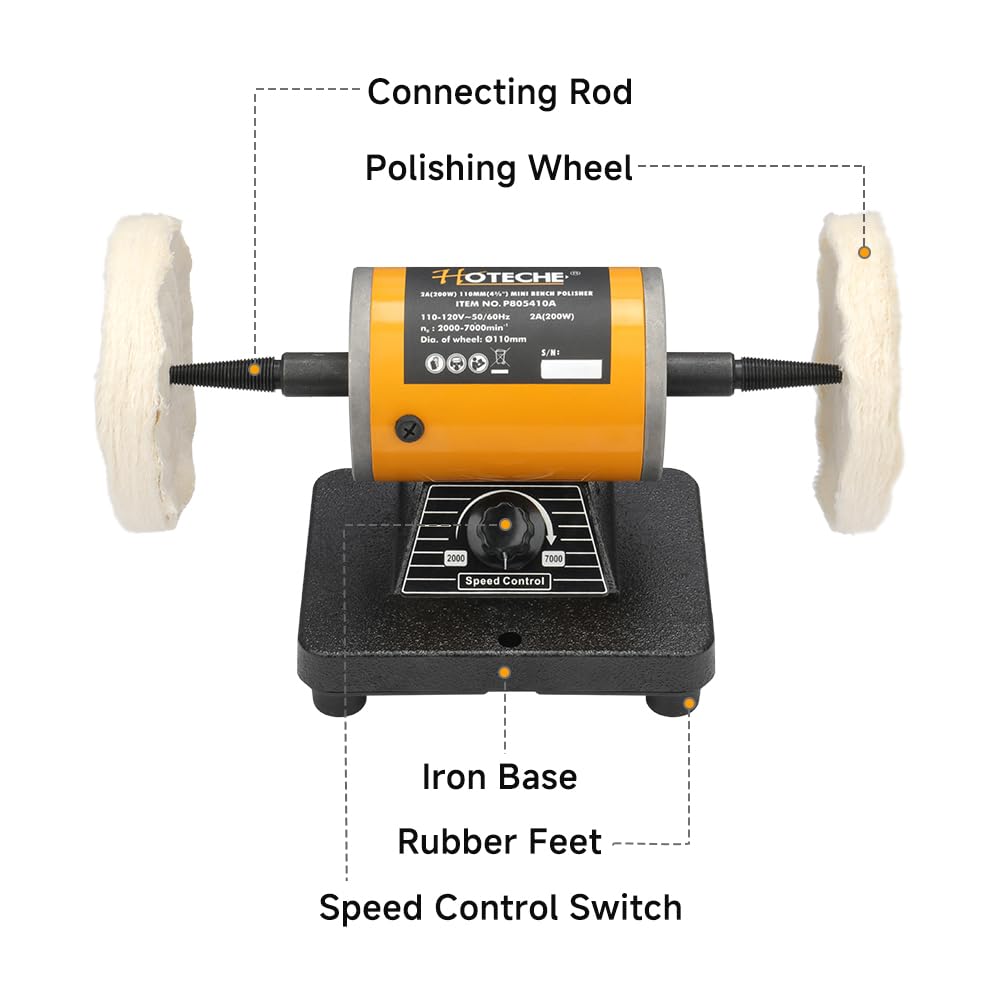 Hoteche 4-3/8-Inch Bench Buffer Polisher Adjustable Speed Electric Buffing Machine for Metal, Wood, Jewelry, Sanding, Waxing