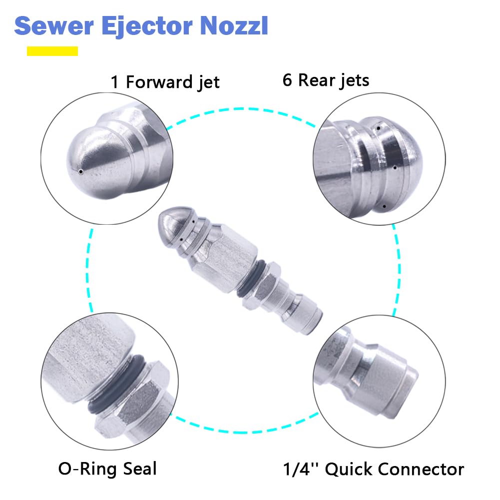 Sewer Jetter Nozzle, High Pressure Drain Jetter Hose Nozzle, With Stainless Steel 1/4'' Quickly Connector, 5000 PSI