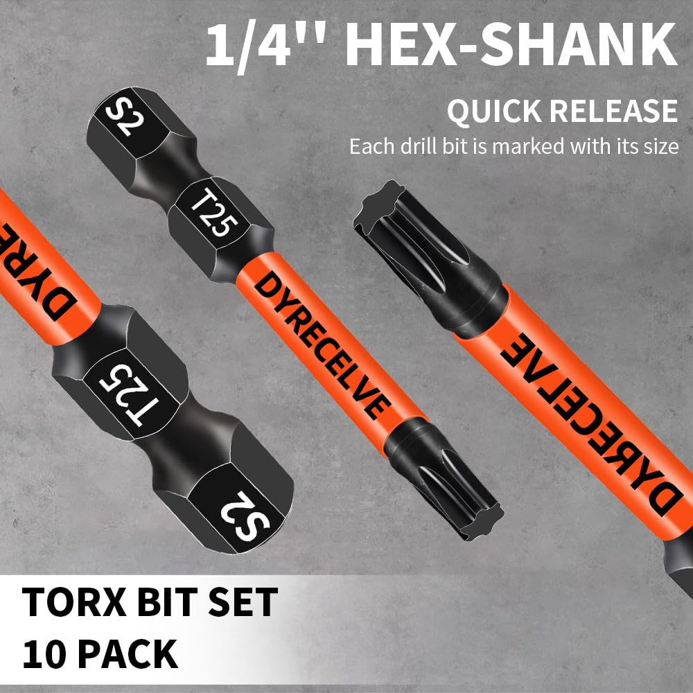 10-Pack T25 Torx Bits for Impact Driver- Torx Bit Set 2'' Long, Profession Star Bits Set, Magnetic T-25 Torx Bit, S2 Alloy Steel Torque Bits, T Bit Set 1/4'' Hex-Shank, Star Drill Bit Set, T25 Bit