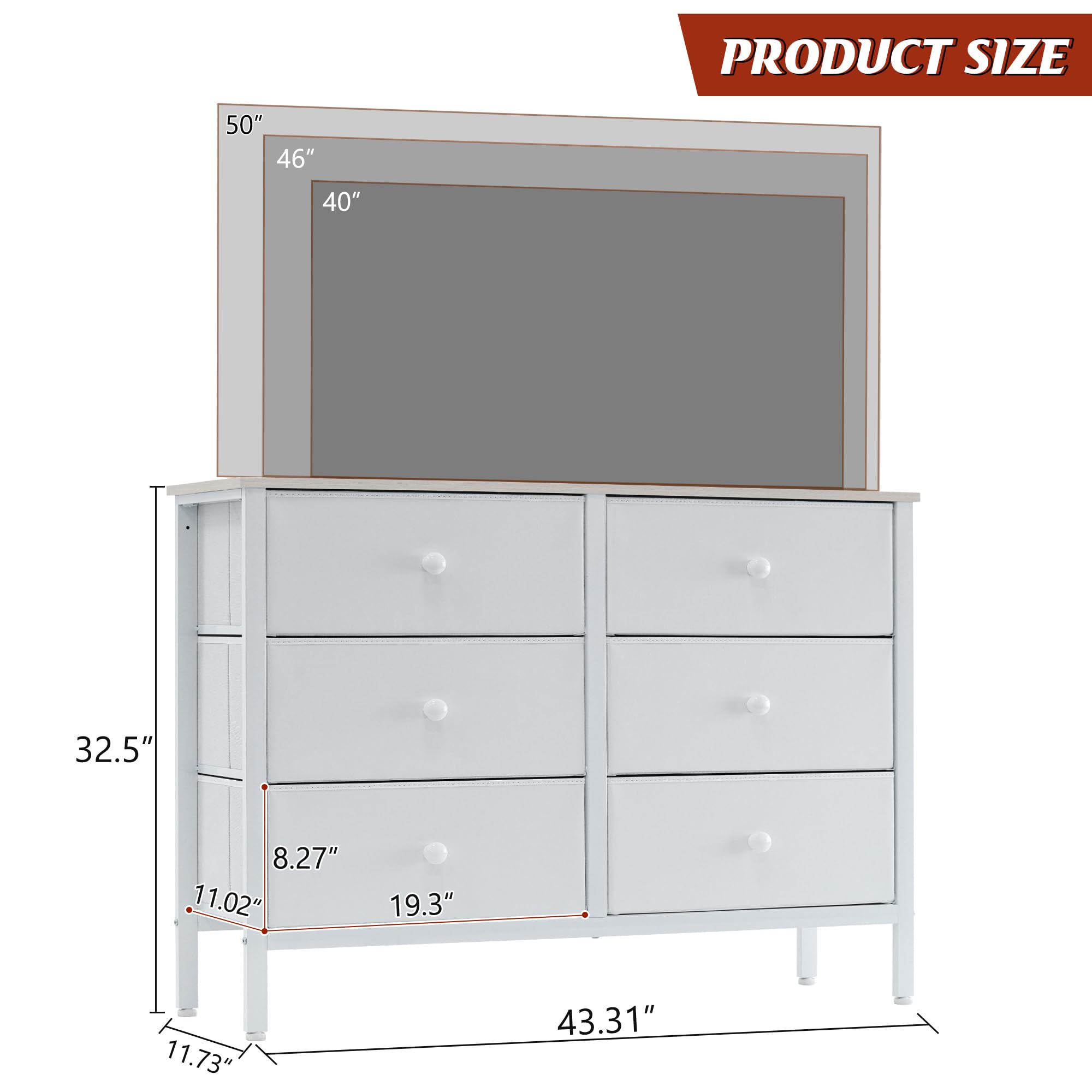 LYNCOHOME White Dresser for Bedroom, 6 Drawer Wooden Dresse, Small Dresser for Bedroom and 50" Tv, Entertainment Center with Metal Frame, Wooden Top,Dressers for Kids, Fabric Dressers for Nursery