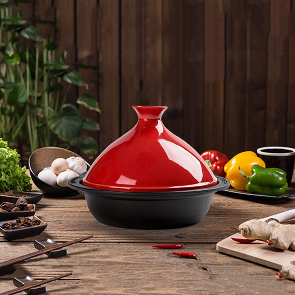 ECBCUEG Home 24Cm Lead Free Cooking Tagine, 1.5L Enameled Cast Iron Tangine with Ceramic Lid for Different Cooking Styles Compatible with All Stoves,Pink (Red)