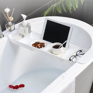 Bathtub Tray Stable Placement Plastic Material Draining Design Bath Tub Table for Bathroom Adjustables and Expandable, Perfect for Placing on a Bathtub.(White)