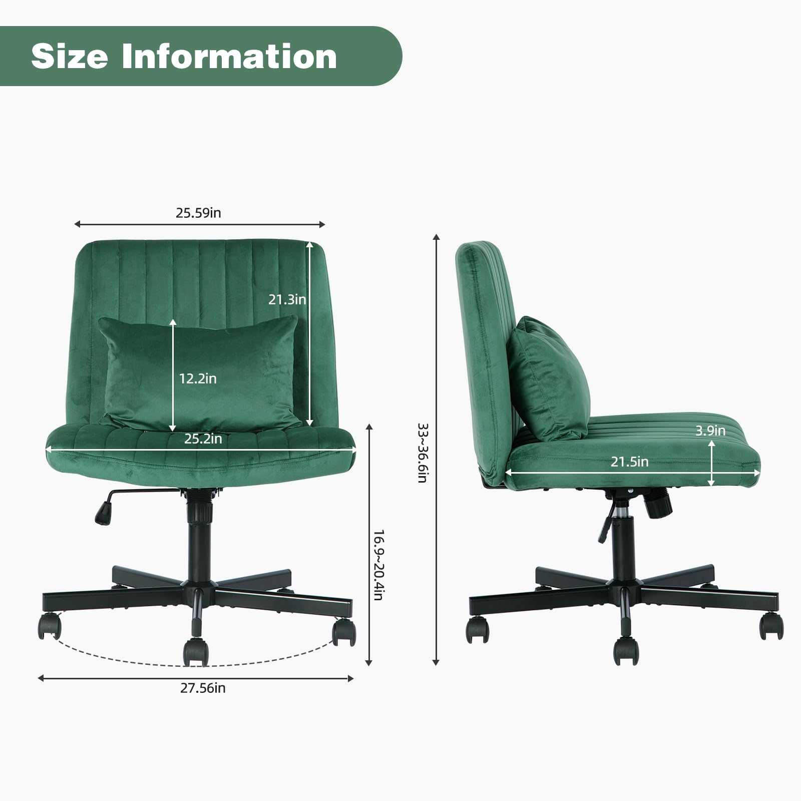 Criss Cross Chair, Office Chair Cross Legged with Wheels, Armless Office Chair, Velvet Desk Chairs with Wheels for Home Office, Meditation, Makeup (Velvet Green)