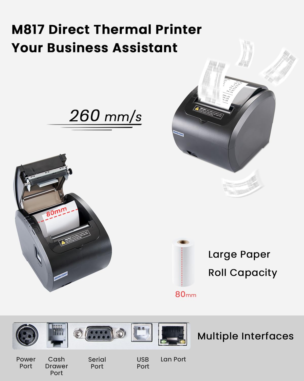 BORN4SHIP 80mm Receipt Printer - Thermal Receipt Printer Easy to Connect, Compatible with Windows/Mac/Linux, Supports USB Serial Ethernet Interface, 260mm/s Low Noise Printing, for ESC/POS (No Square)