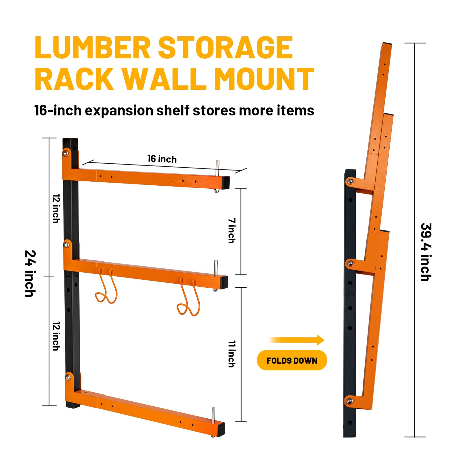 DIYTUNINGS Folding Garage Storage Rack Wall Mount, Heavy Duty Lumber Organizer Metal Rack, Wood Storage Shelves for Home Improvement Indoor & Outdoor Use, Holds up to 720 lbs