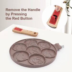 RANXINGST Ceramic Pancake Pan for Kids, Nonstick Pancake Griddle with Detachable Handle, 7 Hole Smiley Face Pancake Mold Mini Pancake Maker - Brown