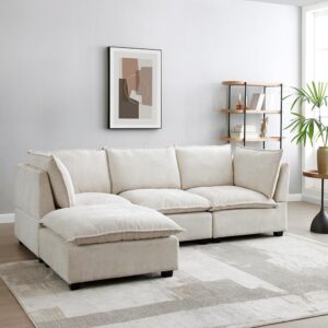 JURMALYN 99.3" Modern Sectional Sofa Couch for Living Room L-Shape Sofa 3 Seater Cloud Couch with Ottoman,Comfy Feather Sofa with 2 Pillows Fabric Couch Set for Apartment Office Beige