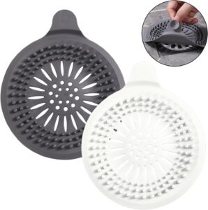 2 pcs silicone shower drain hair catcher with sucker, sink strainer hair catcher, shower drain cover, shower hair stopper drain protector for bathroom bathtub kitchen white + grey