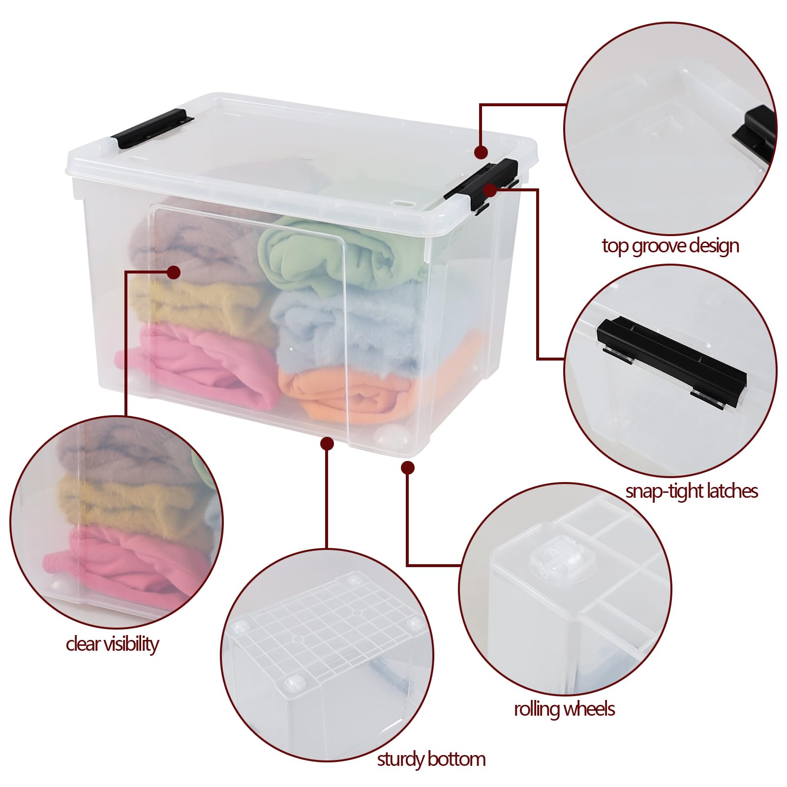 Aninhao 50 Quart Clear Latching Storage Box Bins, 4 Packs, Large Plastic Storage Boxes with Wheels