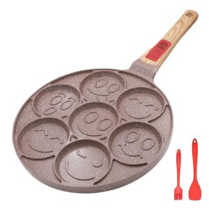 ranxingst ceramic pancake pan for kids, nonstick pancake griddle with detachable handle, 7 hole smiley face pancake mold mini pancake maker - brown