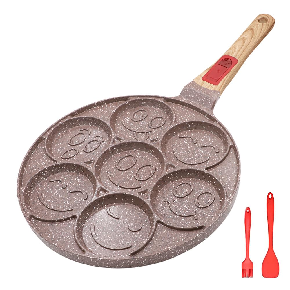 RANXINGST Ceramic Pancake Pan for Kids, Nonstick Pancake Griddle with Detachable Handle, 7 Hole Smiley Face Pancake Mold Mini Pancake Maker - Brown