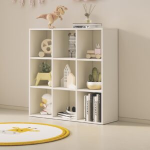 Wood Cube Storage Organizer Closet Cabinet for Living Room Bedroom Study Shelf Bookcase Wooden Floor Standing Open Bookshelf for Kids Home Office Display Storage Cabinet (White, 9-Cube, 11.81in)