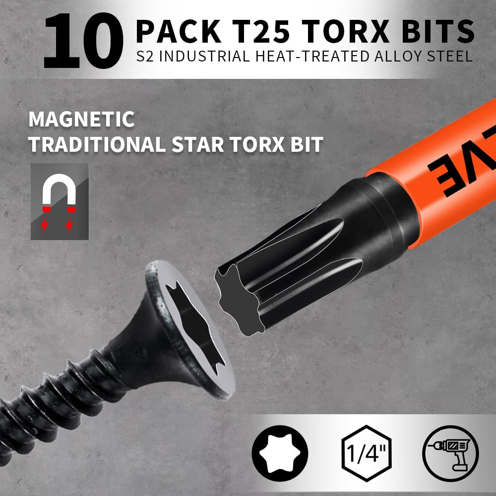 10-Pack T25 Torx Bits for Impact Driver- Torx Bit Set 2'' Long, Profession Star Bits Set, Magnetic T-25 Torx Bit, S2 Alloy Steel Torque Bits, T Bit Set 1/4'' Hex-Shank, Star Drill Bit Set, T25 Bit